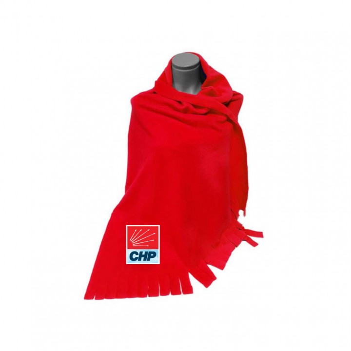 CHP Logolu Kırmızı Polar Şal 60x155 cm Çift Kenar Püsküllü Anti-Pilling Promosyon Model